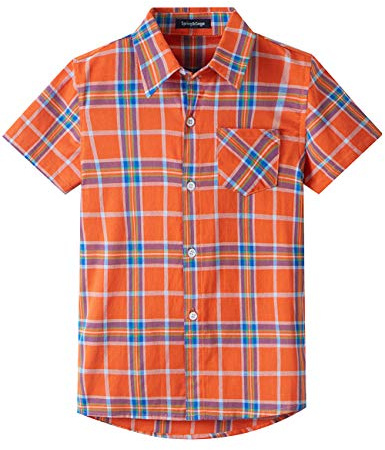 Spring&Gege Ragazzi Camicie abbottonate Scozzese a Quadri a Manica Corte in Cotone con Bottoni Casual per Bambini, Arancione, 5-6 Anni