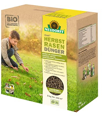 Neudorff Azet HerbstRasenDünger - Organischer Bio-Dünger für 100 m² stärkt die Frosthärte und sorgt für einen dichten, kräftigen Rasen im Frühjahr, 5 kg