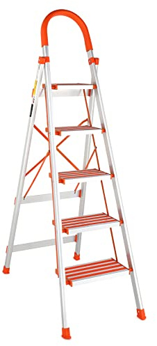 LUISLADDERS Step Ladder 5 Step Lightweight Folding Step Ladder Aluminum Step Stool with Widened Anti-Slip Strip Pedal Convenient Handgrip 350lbs EN131, Multi-use for Household and Office