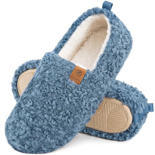 EverFoams Women’s Soft Curly Memory Foam Slippers Blue,9-10 US