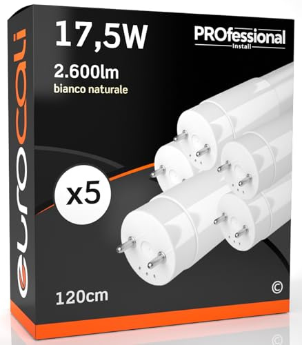 Eurocali 5x Tubo LED T8 17,5W 120cm Alta Luminosità 2600 lumen Fascio Luminoso 320° - Luce Bianco Naturale 4000K - Sostituzione Neon