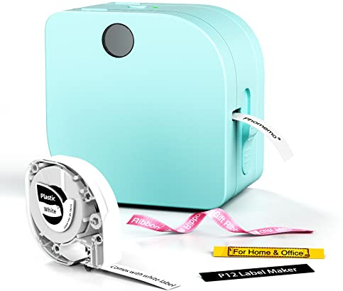 Phomemo Label Maker Machine with Tape, P12 Bluetooth Small Label Maker with Multiple Templates Thermal Transfer Ribbon Printer Machine for Home, School, Gift Wrapping, Office, Green