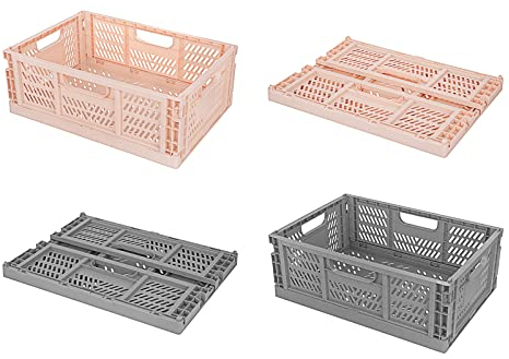 Spesh 4 Stücke Faltbare Aufbewahrungskorb Kunststoff Aufbewahrungskiste Lagerkisten für Küche, Schlafzimmer, Arbeitszimmer (2 Stück Pink + 2 Stück Grau, 40*30*15cm)