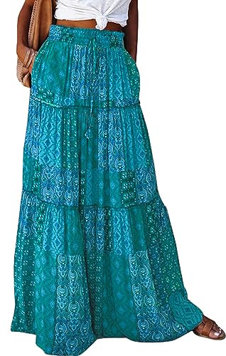 Byoauo kjol dam lång boho blommor hög elastisk midja med fickor och bälte maxi kjol veckad kjol strandkjol fritidskjol, Gröna och blommor, S