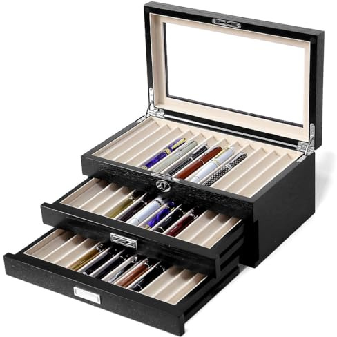 Besforu wood pen display case 36 slot Fountain pen Box storage Organizer with drawer, Top Glass Window Pen Collection Display Case