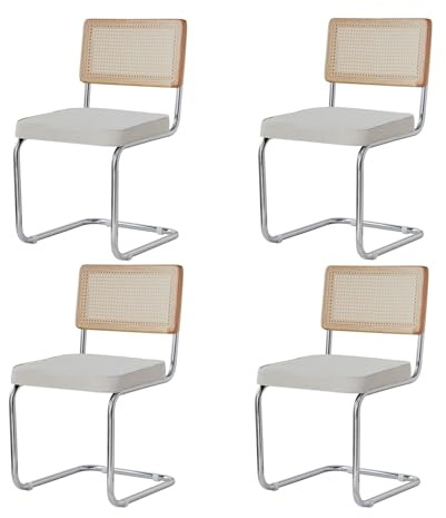 BenyLed Set med 4 sammet matstolar med kromade metallben; moderna köksstolar med ryggstöd i massivt rottingträ (vit - fleece)