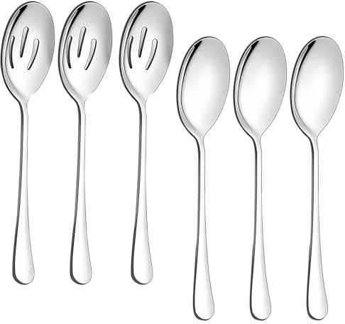 SULIVES 6-Piece Stainless Steel Serving Spoons Set - 3 Large Serving Spoons & 3 Slotted Spoons - Buffet, Party, Banquet, and Kitchen Utensils - Silver, SLV-LC10556