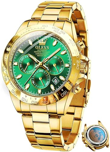 OLEVS Hommes Doré Vert Montre Automatique MéCanique Automatique en Acier Inoxydable Lunette Lumineuse éTanche Montres De Luxe
