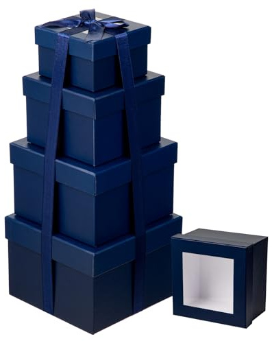 Oairse Square Gift Boxes with Lids for Presents Small Navy Blue Gift Box with Clear Window Nesting Boxes Set of 4 Flower Box for Arrangements, Bridesmaid, Proposal, Wedding, Birthday