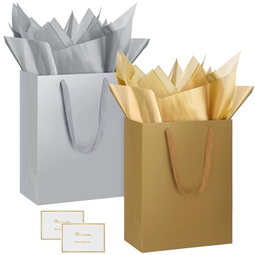 HONTIUS 2 Piezas Bolsa Regalo, 12.59 Bolsa Regalo Grande con Papel de Pañuelos Papel y Tarjetas,32*25*13cm Verticales Bolsas de Regalo Gift Bags Mediana para Cumpleaños Fiestas Celebraciones Oro Gris