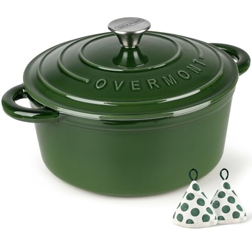 Overmont Casseruola in Ghisa Smaltata - Antiaderente Forno Olandese con Coperchio - Ø26 cm Rotonda Cocotte per Adatto a Piani di Cottura e Forni a Induzione - Verde lucido