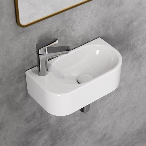 HOROW Lavabo pequeño para invitados con orificio para grifo sin rebosadero, pequeño lavabo de cerámica blanco, 40 cm, lavabo pequeño para invitados