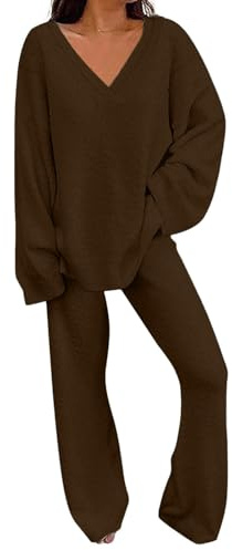 Generisch Completo da Donna Set Abbigliamento da Casa Autunno Inverno in Maglia Tinta Unita Completo Casual V-Collo Maglia + Gamba Larga Pantaloni da Casa 2 Pezzi Outfit Abbigliamento Casual per