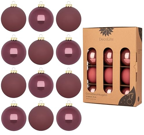 Weihnachtskugeln 8 cm Ø - 12er Set aus Glas inkl. Aufhänger | Hochwertige Christbaumkugeln für Weihnachtsbaum | Stilvolle Weihnachtsdeko in Kartonbox | Kugeln (Altrosa - matt/glänzend)