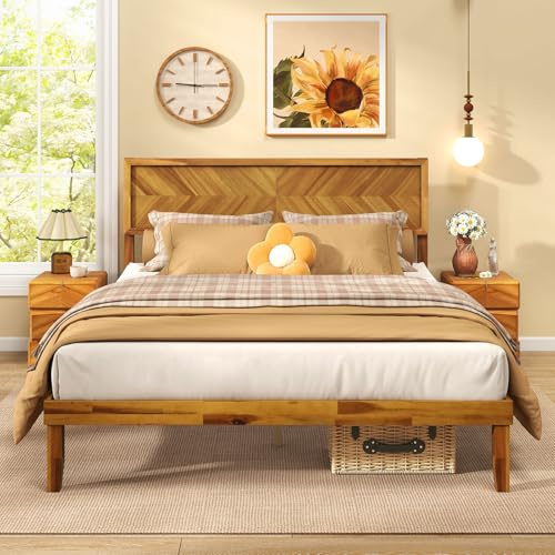 Giantex Wood Queen Bed Frame - Acacia Wooden Platform Bed Frame with Headboard, 12 Strong Slats Support, Under-Bed Space, No Box Spring Needed, Rustic Golden Brown