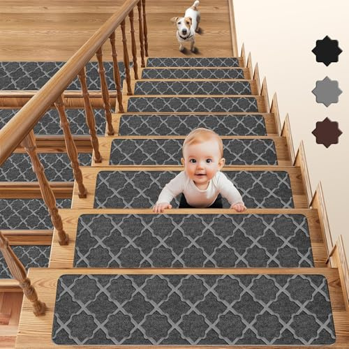 Grey Stair Treads 20x76cm /8x30 Non-Slip Self Adhesive Carpet Stair Mats, Modern Simple Stair Covers for Indoor Wooden Steps, Safety Stair Pads for Kids Pets Elders and Pets 15 Pack (Grey Flower)