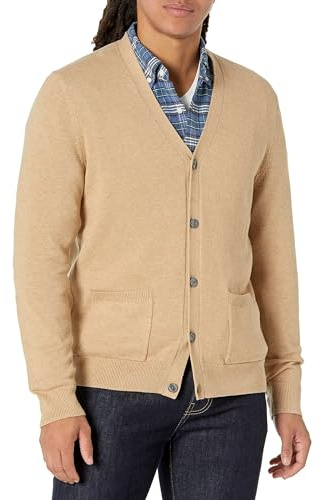 Amazon Essentials Men's V-Neck Cotton Knitted Cardigan Sweater, Ribbed, Camel Heather, X-Large