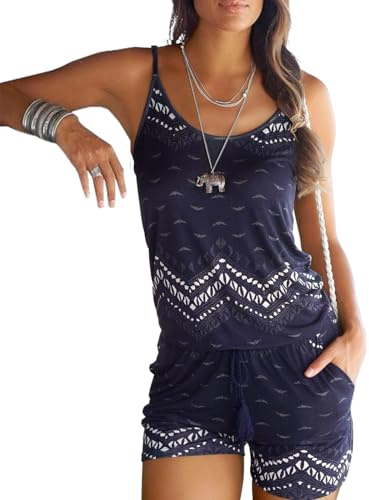 JFAN Mono de Una Pieza Camiseta sin Mangas con Estampado Floral para Mujer Pantalones de Verano Ropa de Playa Informal Ropa de Playa Elegante(Navy Blu,M)