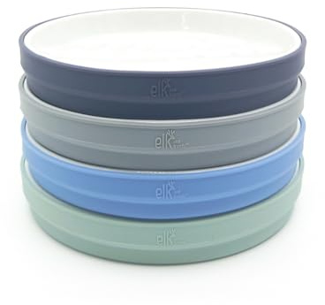 Elk and Friends Kids 7.8” Porcelain White Plates with Silicone Sleeves | Suitable for Babies/Toddlers | Microwave & Dishwasher Safe | Non Slip Dinnerware | Snack Dishes | 4 Pack