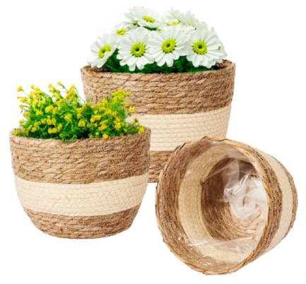 ADEPTNA 3pcs Wicker Plant Basket with Liner – 3 Sizes Seagrass Woven Natural Planter Baskets Home Decorative Plant Pot for Flowers Plants Trees Baskets for Indoor Outdoor Home Decoration