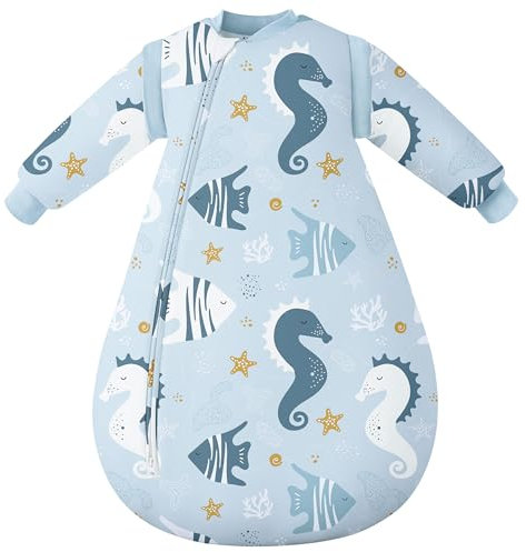 Yoofoss Saco de Dormir para Bebé Mangas Extraíbles 3.0 TOG Algodón Frío Invierno Manta Envolvente para Dormir Súper Cálido 78 cm para Unisex Niñas Niños 6-12 Meses- Hippocampus