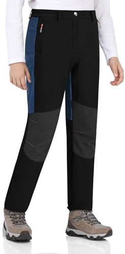 Zoofly Jungen Gefütterte Thermohose Skihose Kinder Wasserdicht Winterhose Warme Fleece Softshellhose Thermo Snowboardhose Schwarz+Marineblau 152-158