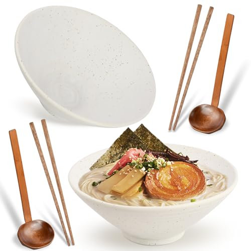 Mapille Japanisches Ramen Schüssel Set (2er Set), Große Keramik Suppenschalen 1000ml mit Essstäbchen und Löffeln, Asiatisches Geschirr für Nudeln Salate Pho, Spülmaschinen- und Mikrowellengeeignet
