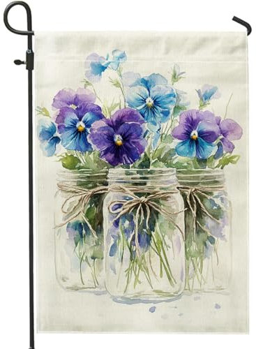Bandera de jardín floral de primavera y verano, flor de pensamiento azul violeta, tarro de masón, pancarta de decoración al aire libre, bandera de arpillera de doble cara para patio, decoración de