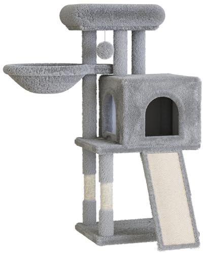 Kleiner Katzen Kratzbaum, Katzenbaum, Kletterturm, Katzenmöbel für Kleine Katzen, Kratzbäume Höhe 98.5 cm, Kletterbaum mit Plüschbällen, Höhle, Plattformen, Kratzpfosten, Katzenspielzeug, Grau