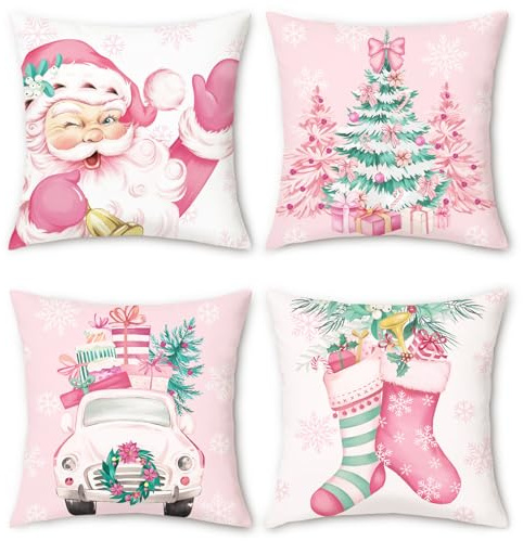 COZZSNUGE Fundas Cojines Navidad Rosa Terciopelo Fundas de Almohada Papá Noel Árbol Camión Calcetines Invierno Decorativas para Sofá Cama Hogar Jardín 45 x 45 cm Juego de 4