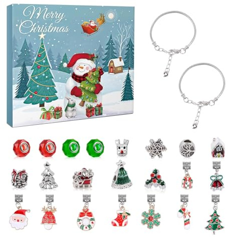 Weihnachten Calendario dell'Avvento Bracciali per Ragazze, 24 Giorni Kit di Creazione Gioielli Fai-da-te con 22 Perle Charm e 2 Bracciali, Regalo di Conto alla Rovescia per Bambini Adolescenti Donne
