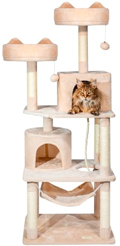 PAITSY Kattträd, kattklor, 2 sittpinnar, 2 nischer, hängmatta, bollar, sisalpelare, plysch, höjd 158 cm, beige, 5 års garanti