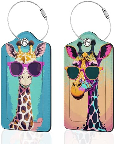 Set of 2 Luggage Tags for Suitcases, Leather Giraffe in Sunglasses Baggage Tags with Stainless Steel Loop, Privacy Name ID Card Cover Kawaii Travel Labels for Women Men Kids Girls