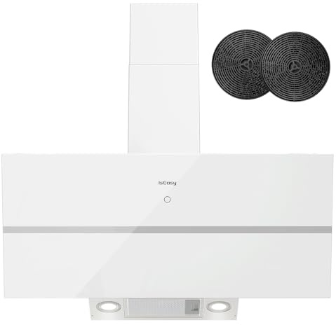 IsEasy Dunstabzugshaube Umluft, Dunstabzugshaube 90 cm mit 571m³/h Starke Saugleistung, Interner Neigungsbügel bei 45° Fixiert, 4 Einstellstufen, Abluftmodus, 1-9-Minuten-Timer, 61dB, Weiß, A++