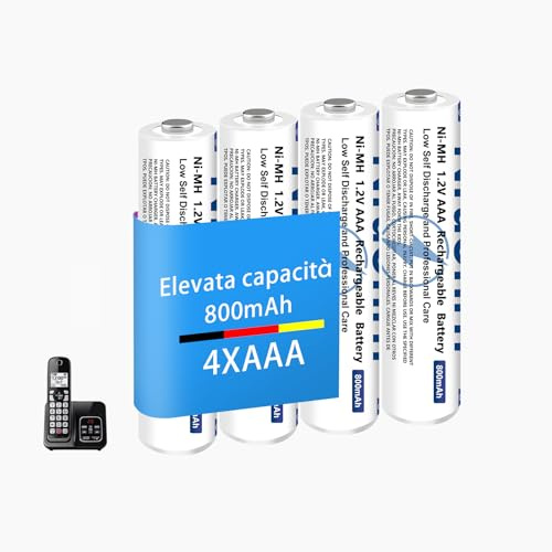 NiMH Batteria micro AAA 800 mAh 1,2 V per Telefoni Gigaset, Pile Ricaricabili AAA per Telefoni senza fili Panosonic, bassa autoscarica, ricarica rapida - 4 pezzi