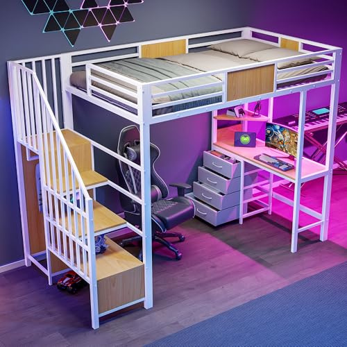 Merax Lit mezzanine 90x200 cm en métal avec bureau, lit pour adolescent avec compartiments de rangement, tringle à vêtements, LED et prise de courant – pour petites chambres (sans matelas)