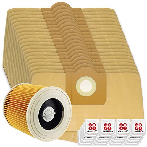 SPARES2GO High Filtration Large Bags + Filter Cartridge for Karcher WD3 WD3P MV3 Wet & Dry Vacuum Cleaner (Pack of 20 + Filter + Fresheners)