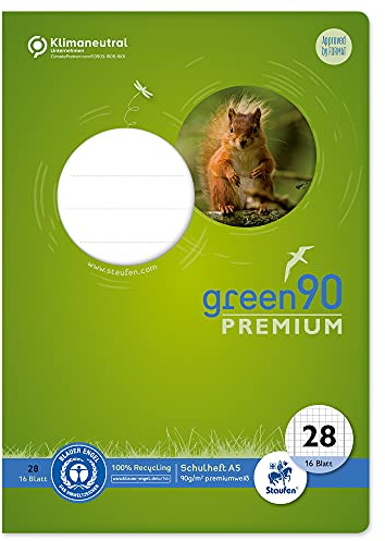 Staufen Grön skolbok – DIN A5, linjering 28 (5 mm rutig m. kantlinje), 16 blad, 90 g/m² återvunnet papper, runda hörn förhindrar åsneöron, 3 olika motiv (inget val möjlig), 1 st