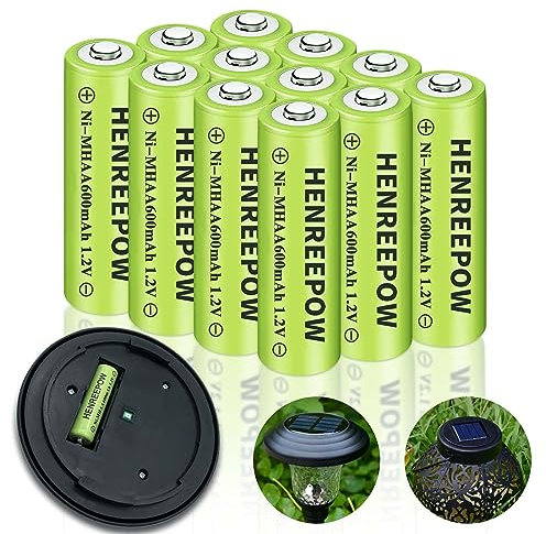 HENREEPOW Ni-MH AA Rechargeable Batteries, Double A Regular Capacity 1.2V Pre-Charged for Garden Solar Lights, String Lights and Other Everyday Electronic (Low Power) Devices. (AA-600mAh-12pack)