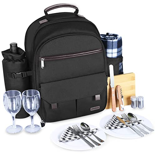 Sunflora Picknick Rucksack Set 2 Personen mit Isoliertem Kühlung und Decke, Picknickkorb 2 Personen für Familie Camping Outdoor(Schwarz)