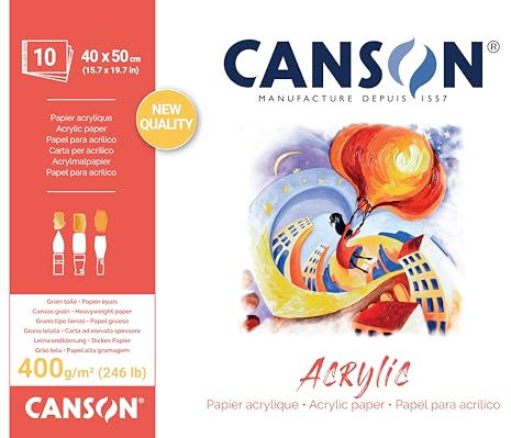 CANSON Acrylic, Acrylpapier, Leinwandkörnung, 400 g/m², an der kurzen Seite geleimter Block, 40 x 50 cm, naturweiß, 10 Blätter