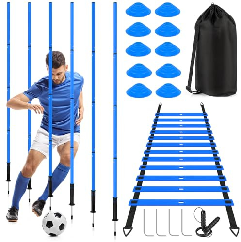 SMTPDT Soccer Agility Training Equipment: 6 Soccer Agility Poles, 20ft Agility Ladder, 10 Soccer Cones, 1 Jump Rope. Soccer Training Poles for Speed Training, Agility Training (Blue)