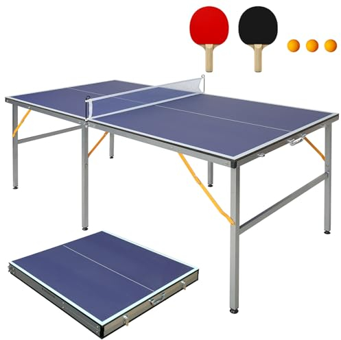 FUNJEPE Mittelgroße Tischtennis-Tische für drinnen und draußen, zusammenklappbar und tragbar, mit Netz, 2 Tischtennisschlägern und 3 Bällen