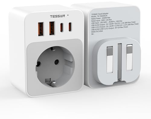 TESSAN Adapter England Deutschland Stecker, Faltbar 5 in 1 Reiseadapter Typ G mit 2 USB C und 2 USB A, Kleines klappbares Design, Steckdosenadapter für London Malta Irland Dubai, UK Adapter auf EU