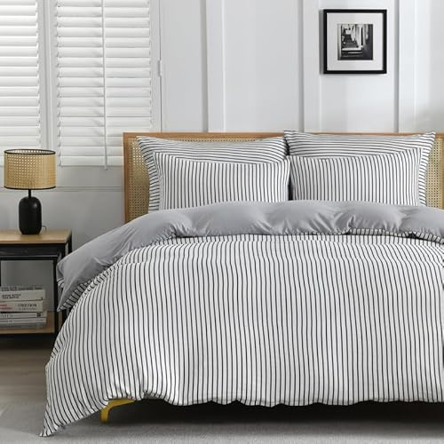 Gezu Juego de ropa de cama de 155 x 220 cm, diseño a rayas, gris y blanco, 3 piezas, diseño moderno, reversible, transpirable, suave, microfibra, funda nórdica de 155 x 220 cm y 2 fundas de almohada