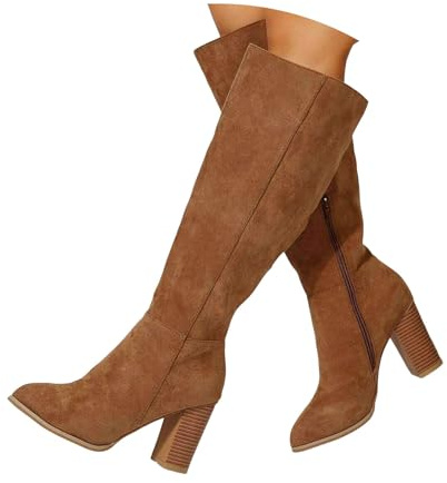 Xbemkste Bottes à tige haute pour femme, bottes slouchy avec talon, bottes à tige longue, bottes hautes, bottes de cow-boy, bottes faciles à enfiler, bottes en cuir suédé, bottes d'hiver, bottes