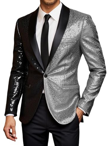 YOSUWOAI Giacca da uomo con paillette, per banchetti festivi, eleganti spettacoli sul palcoscenico, serate in discoteca, con brillantini, per matrimoni, feste, blazer, slim fit, con bottoni, O argento