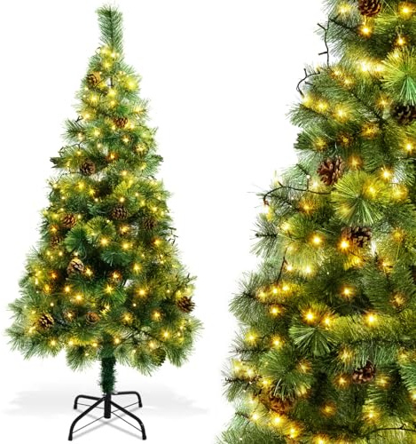 Aigostar 150 CM Árbol de Navidad Artificial,con Cadena de Luces LED de 13 M,8 Modos de Iluminación,200 LED Blanco cálido,Ramas Aguja de Pino con Piñas,Verde,Incluye Soporte de Meta