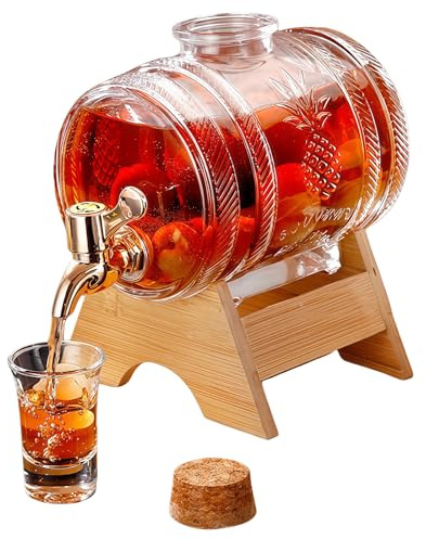 ANEELV Carafe à whisky 1000 ml en forme de tonneau avec robinet, base en bois, bouchon en liège transparent - Cadeau parfait