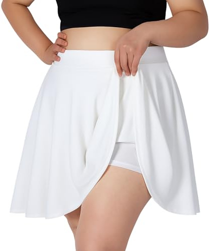 LEACOOLKEY Taglie Forti Gonna Skater Donna Corta Minigonna Tennis, Vita Alta A Line Elastica con Pieghe e Shorts Integrato,Bianco,4XL (Taglie Forti)